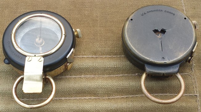 Left: US Corps of Engineers Verner's Pattern Mk. VIII prismatic marching compass. Right: US Corps of Engineers mirror sighting compass.