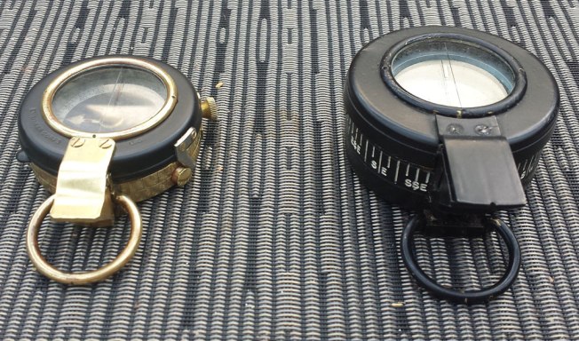 The Verner's Pattern (left) with polished case and blackened lid. GEC Mk. III prismatic compass (r) is in mint restored condition - all radium removed and replaced with Tritium and a mint-condition black lacquered case.