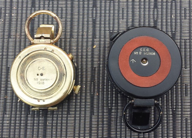 The compass bases. The fibre friction ring is missing from the Verner's Pattern. Note the data on the Mk.III - The "B" prefix indicates this compass was manufactured by Francis Barker & Sons, while the lack of a date mark indicates it was one of a small batch of undated examples manufactured by F Barker & Sons in 1943 - a rare bird. 
